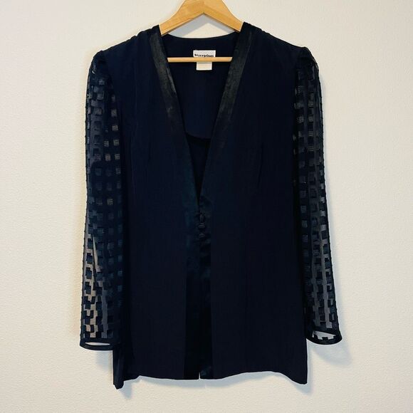 Vintage Perceptions Black Mesh Sleeve Satin Trim Longline Blazer Size 16 - Picture 1 of 8